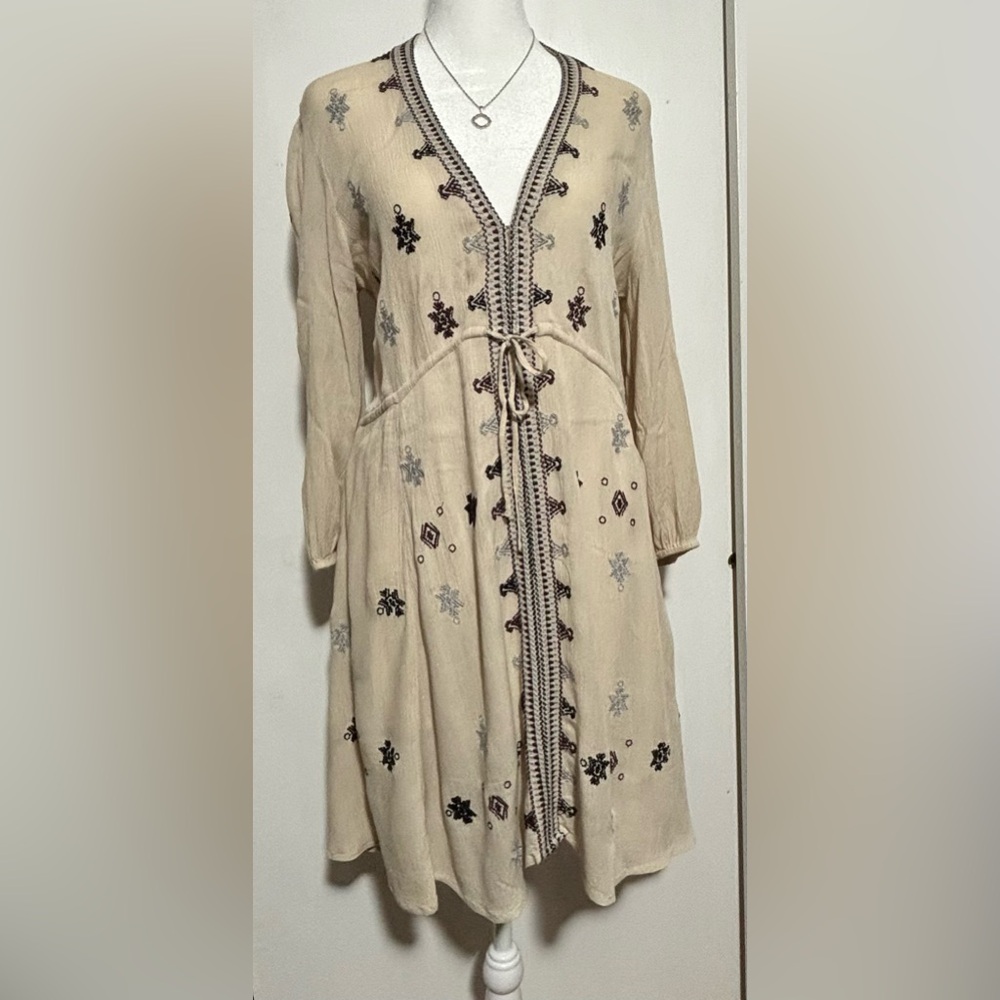 Free People Cream Embroidered Long Sleeve Dress